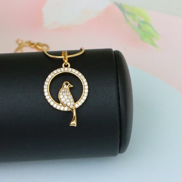 "Rose Gold Bird Pendant with Sparkling Crystals in Circular Frame, XPPT1525 - Picture 6 of 13